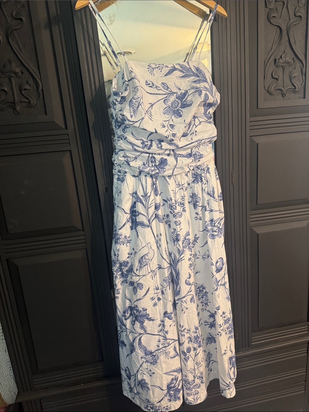 NEW LOFT Bird Toile White and Blue Floral Strap Midi Dress
